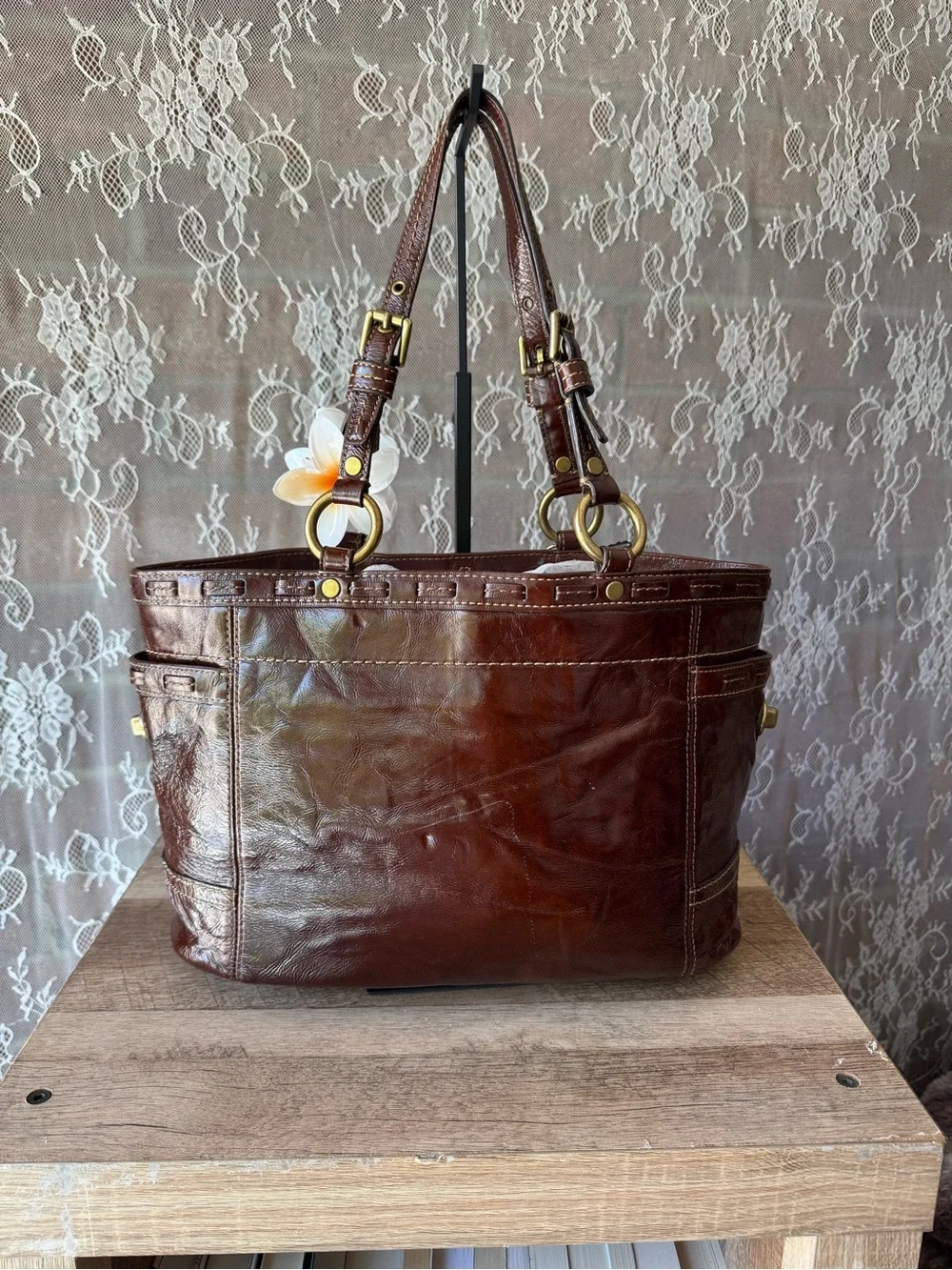 Coach Brown Leather Shoulder Tote with Floral Charm
